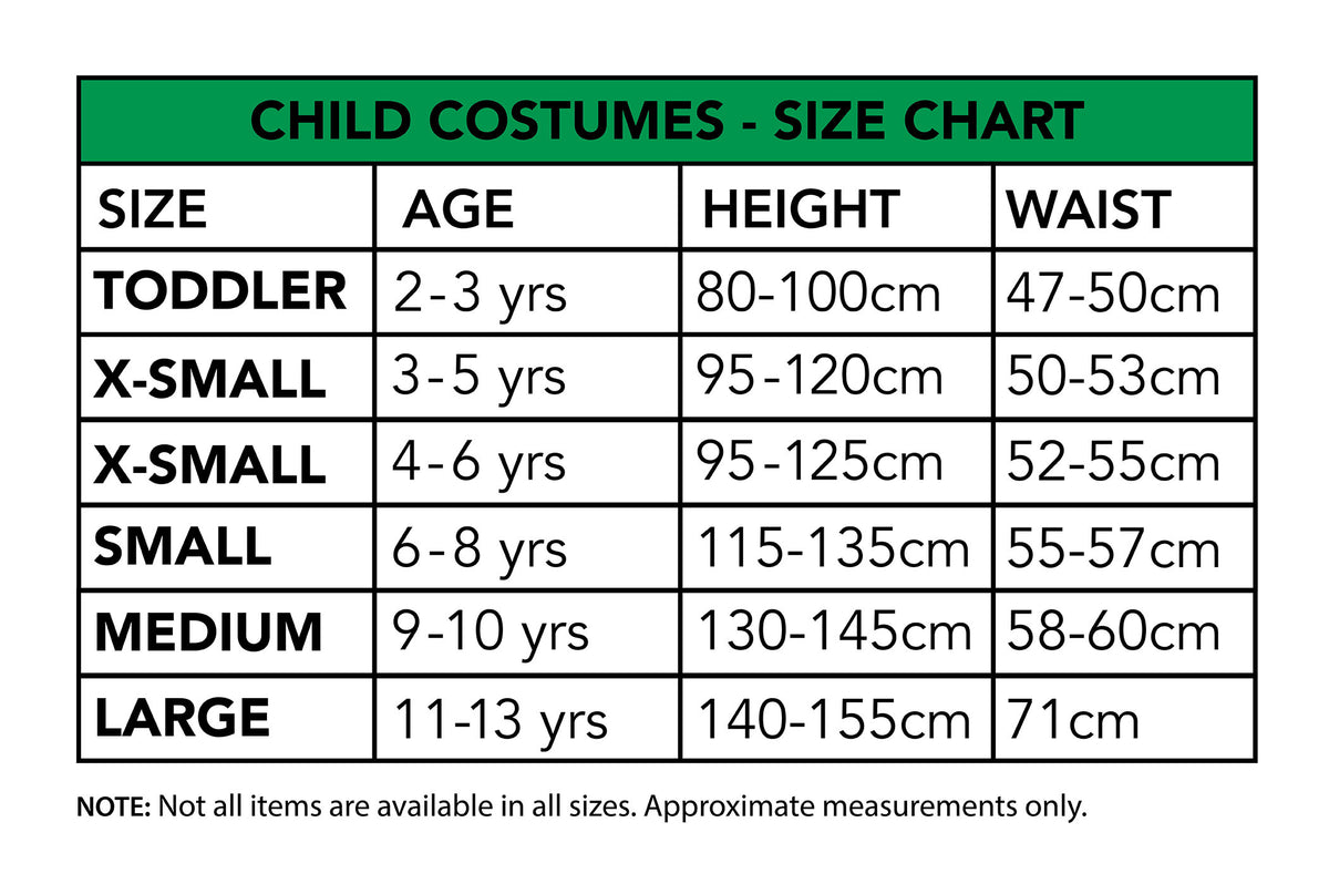Size chart for the Belle Deluxe Costume, Child