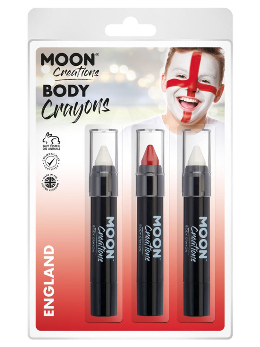 Red and white England colours body crayons in a clamshell pack