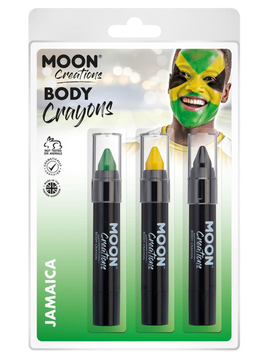 Black, green and yellow Jamaica colours body crayons in a clamshell pack