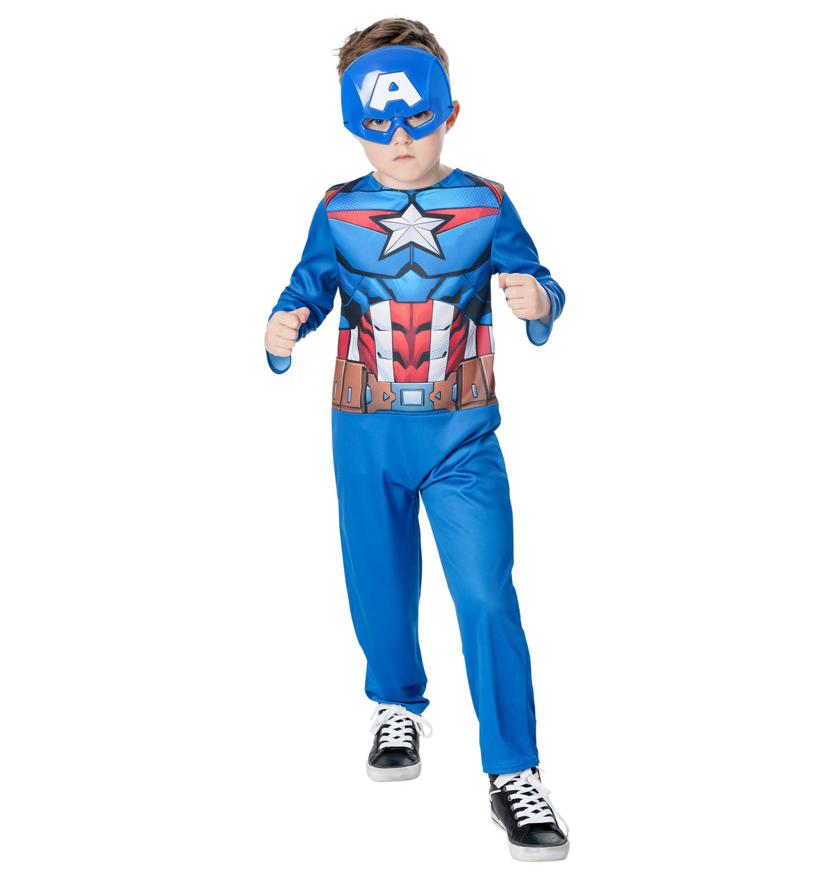 Boy running in the Captain America printed jumpsuit and half mask