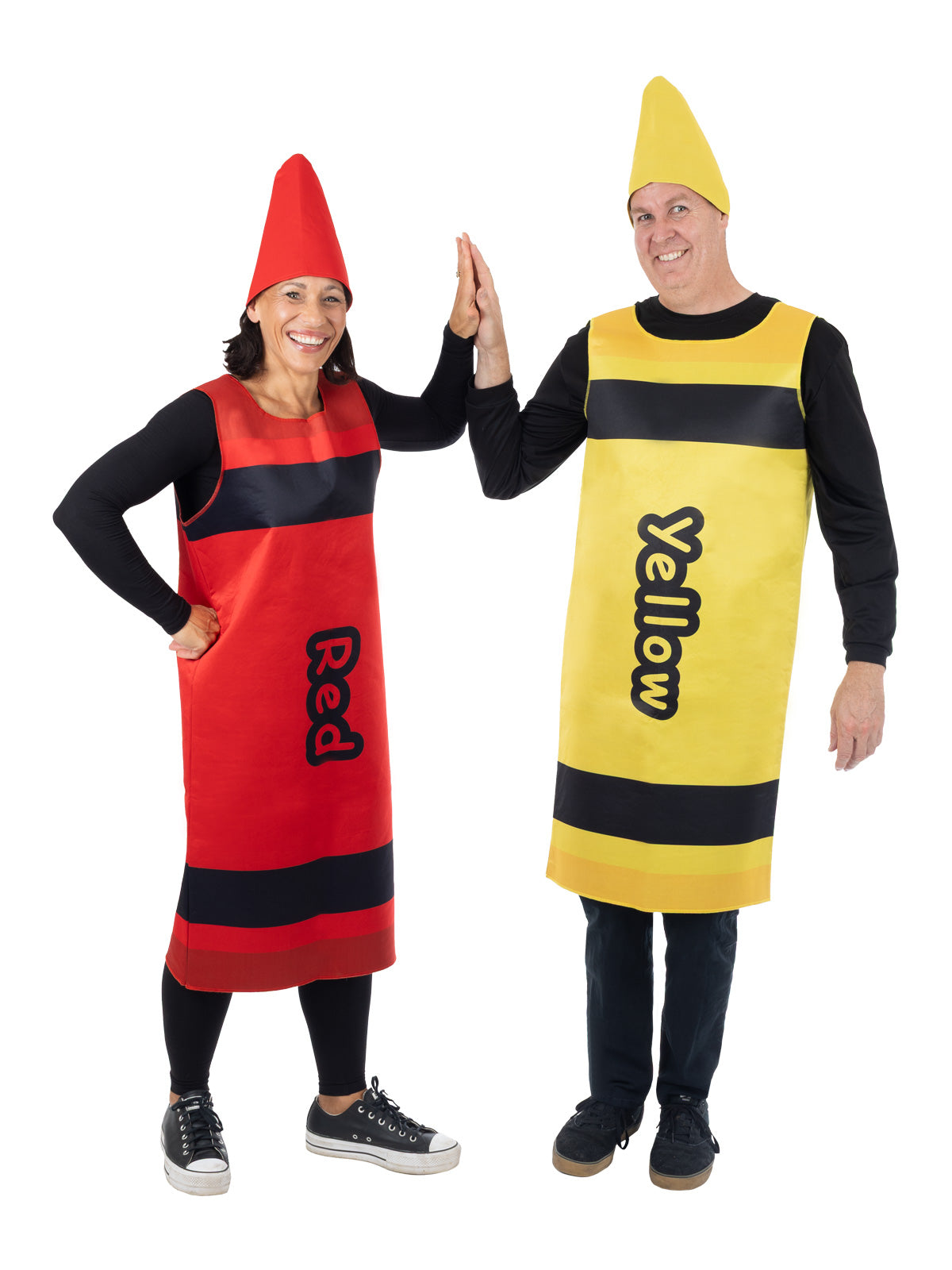 Adults in red and yellow crayon tabard costumes (adult sizes sold separately)