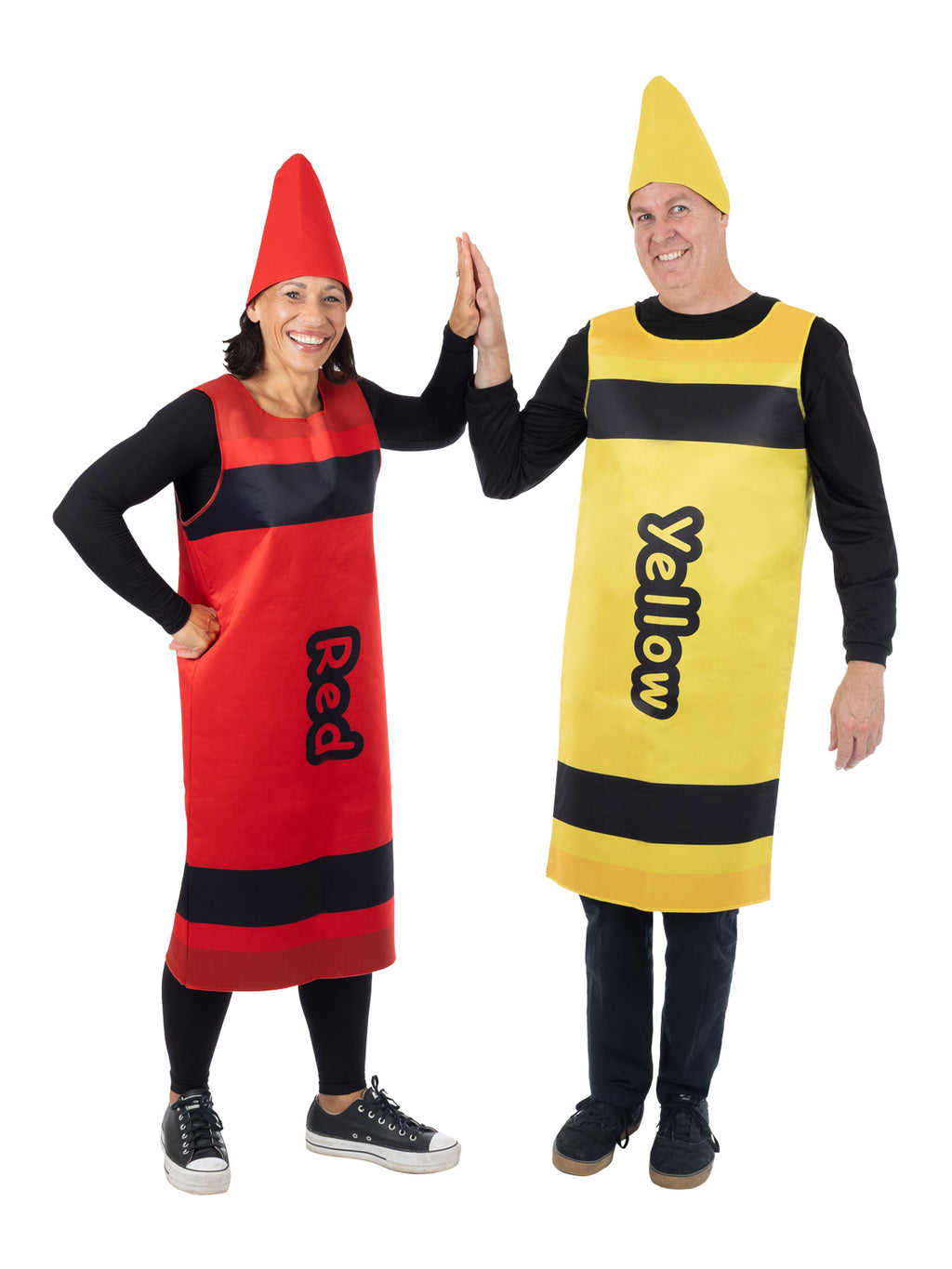 Two children in red and yellow crayon tabards and pointed hats (yellow crayon sold separately)