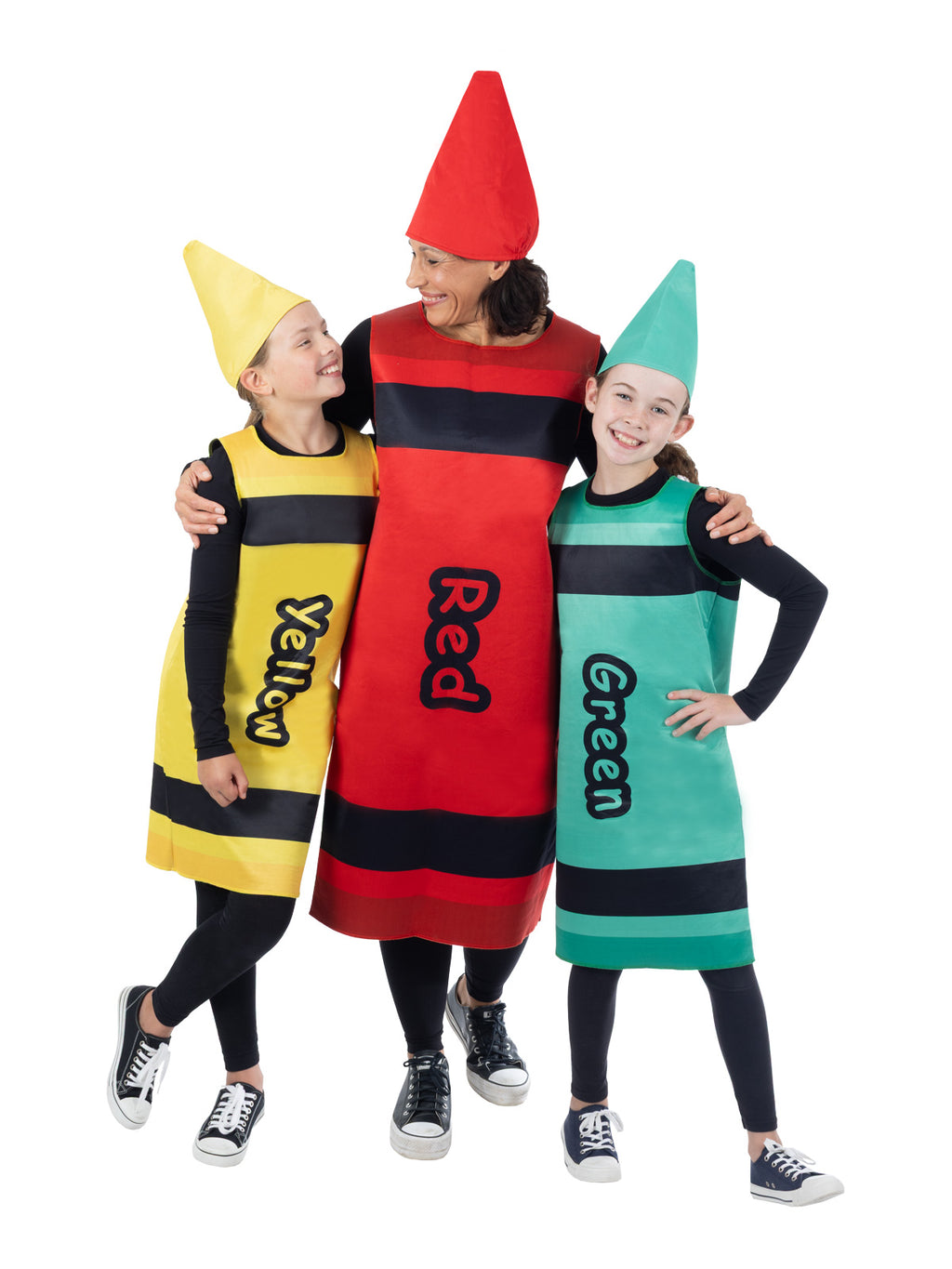 Group of children in red, yellow and green crayon tabards (other colours sold separately)
