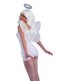 Woman wearing sheer white angel wings and a silver tinsel halo headband