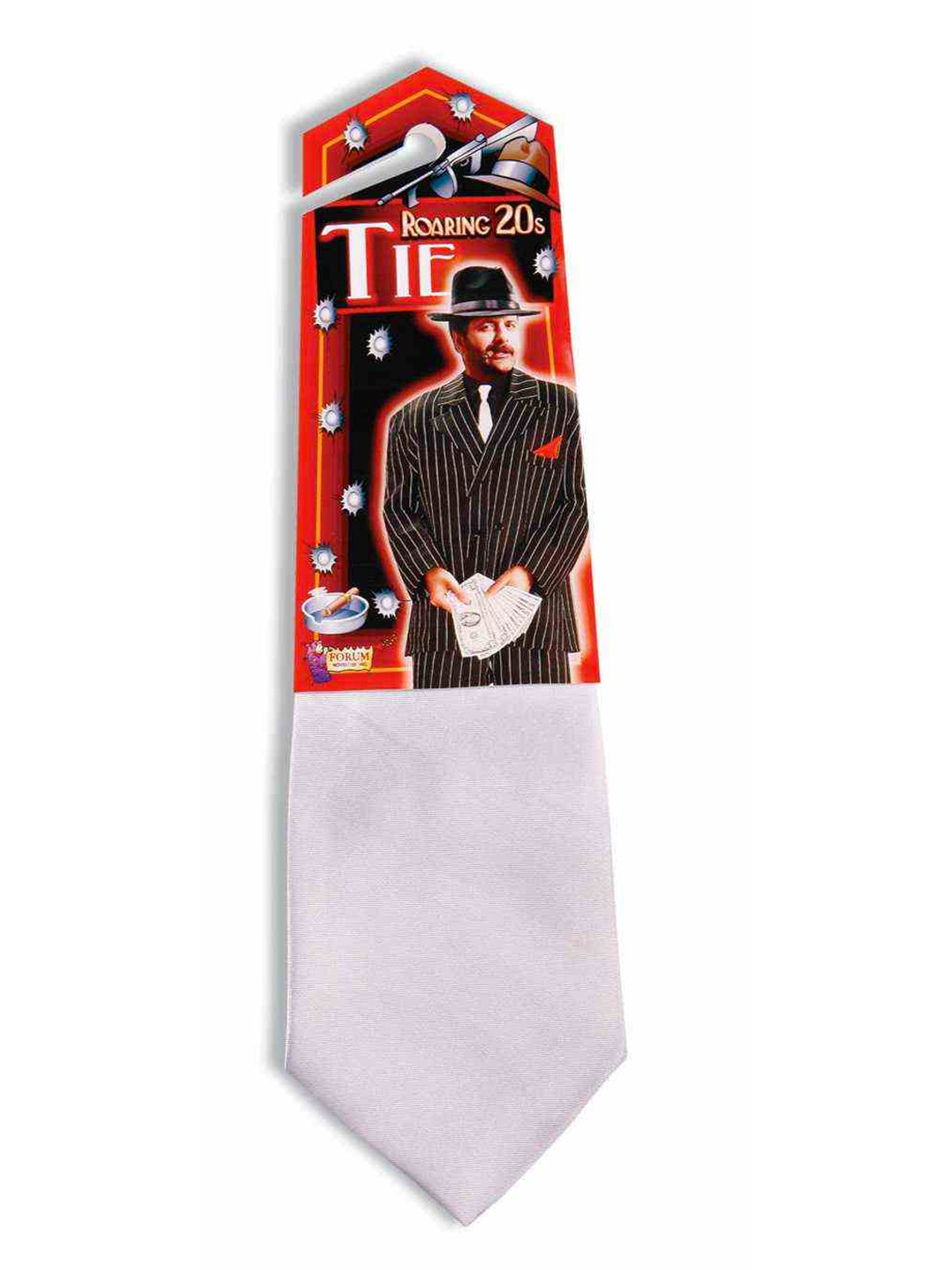 Plain white gangster necktie in its retail packaging