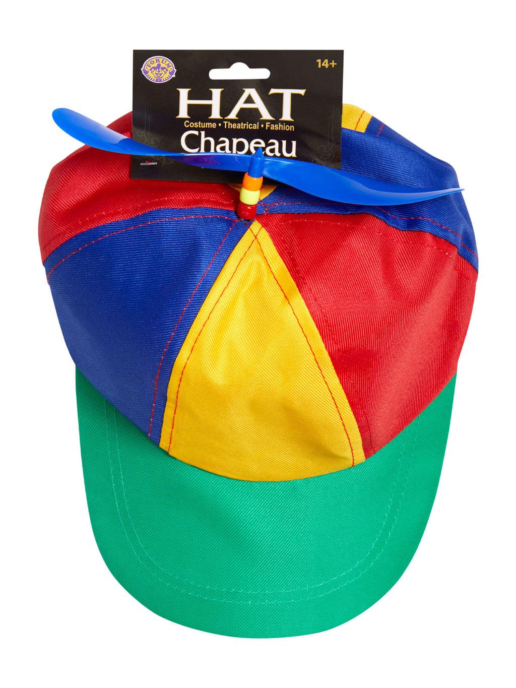 Multi-coloured propeller cap with green peak in its retail packaging