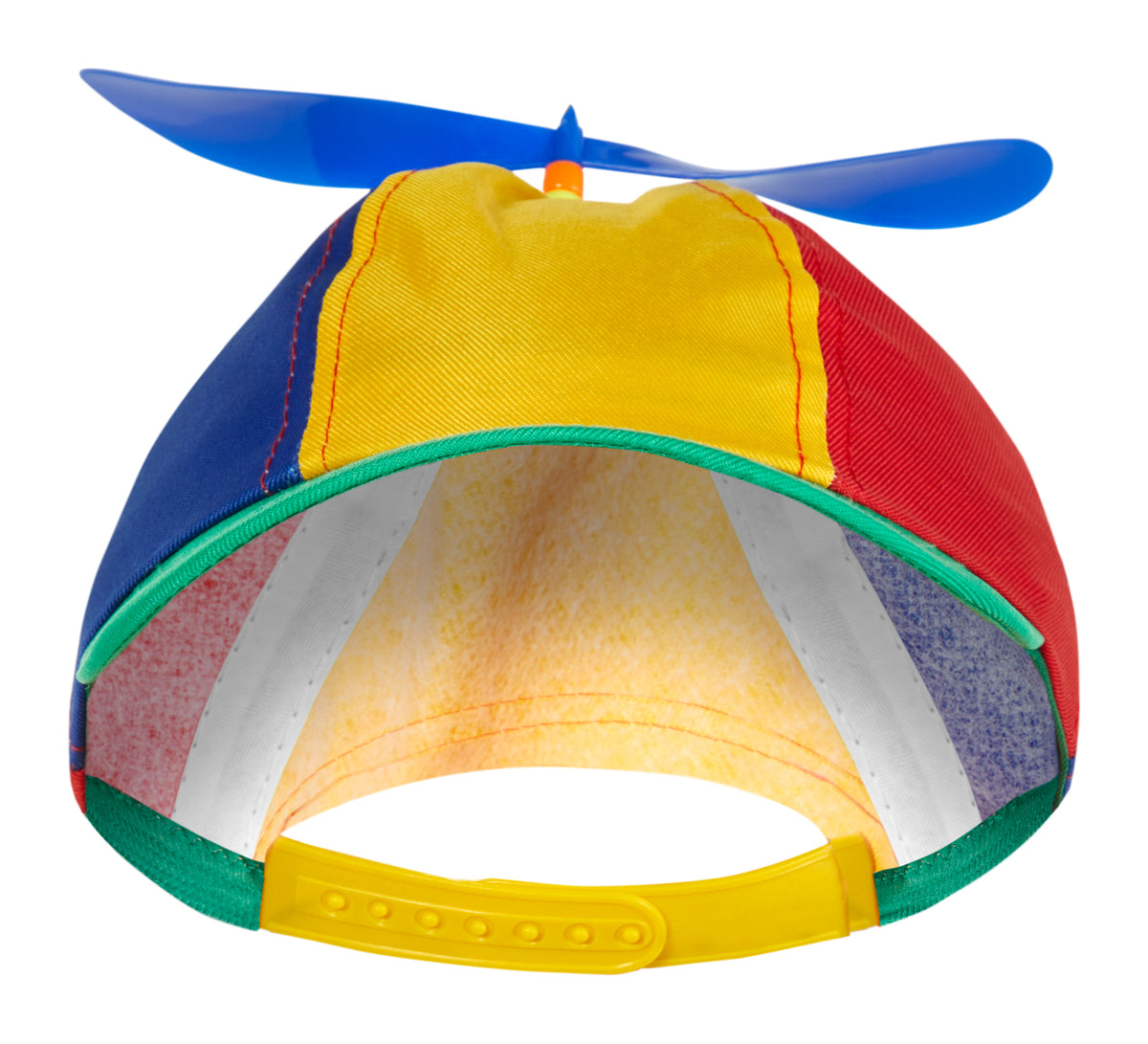 Back view of the multi-coloured propeller cap
