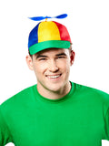Man wearing a multi-coloured propeller cap with blue propeller