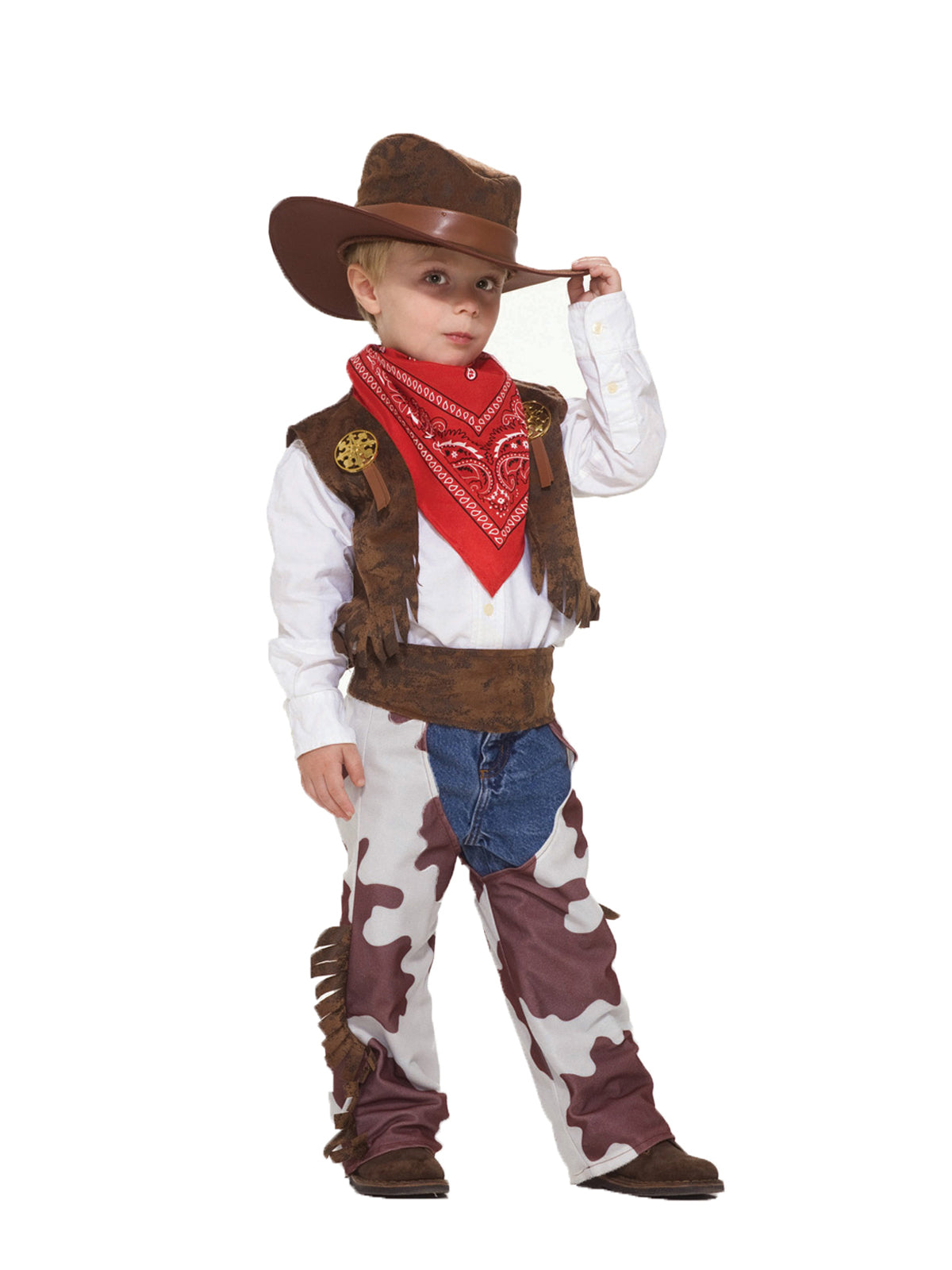 Boy in cowboy costume with brown fringed vest, cowhide chaps, red bandana and brown hat