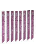 Eight bridal party sashes with printed role labels laid side by side