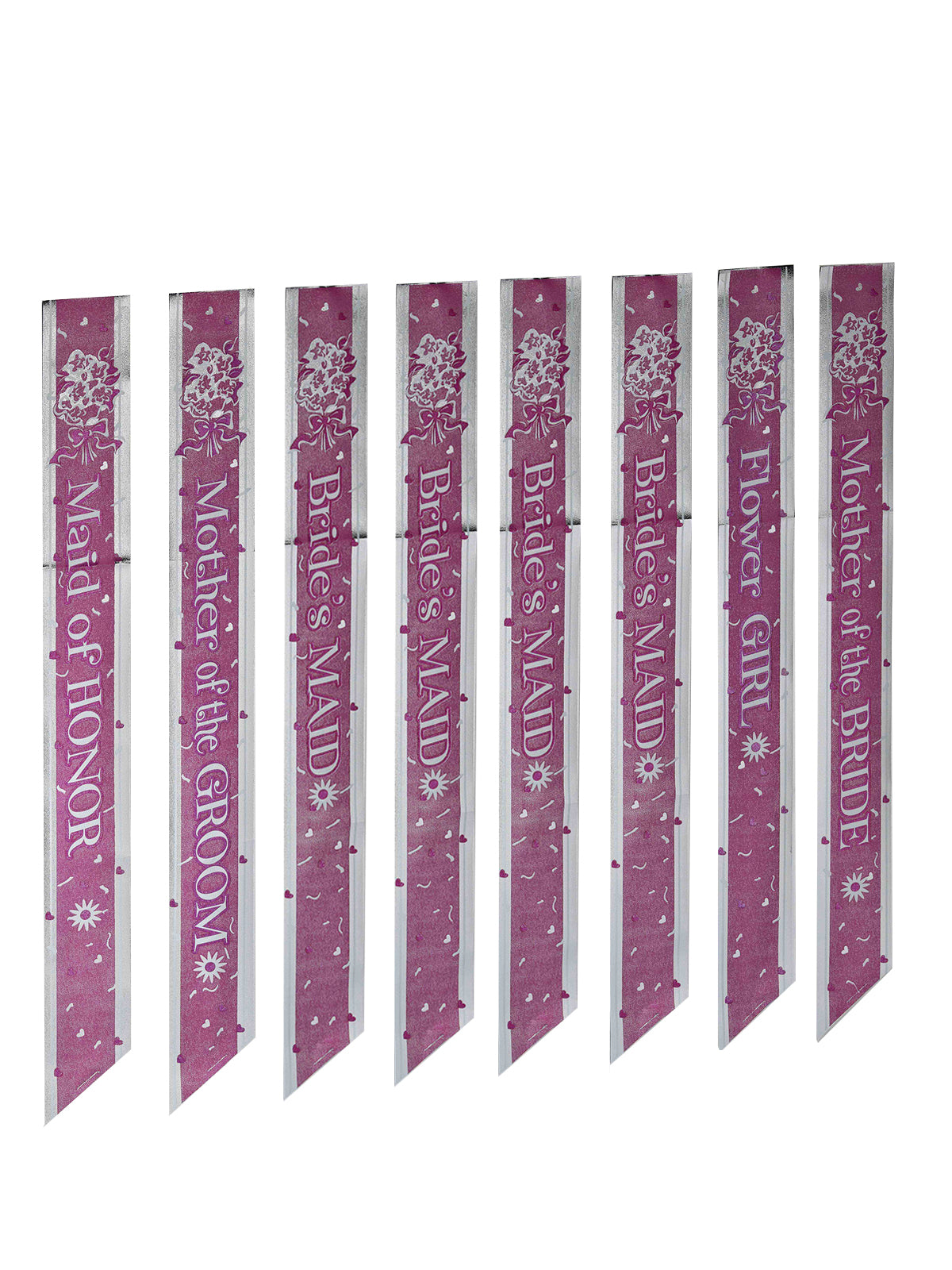 Eight bridal party sashes with printed role labels laid side by side