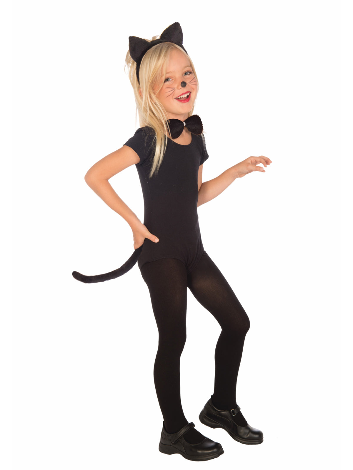 Girl wearing black cat ears, faux fur bow tie and black tail