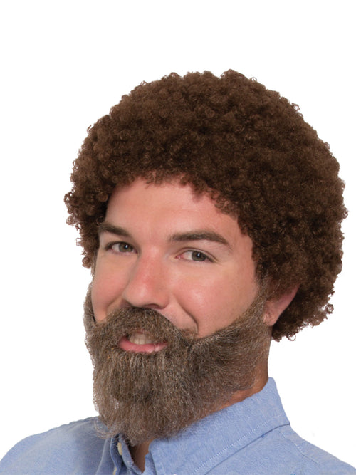 Man wearing a curly brown 80s afro wig with a matching full beard and moustache