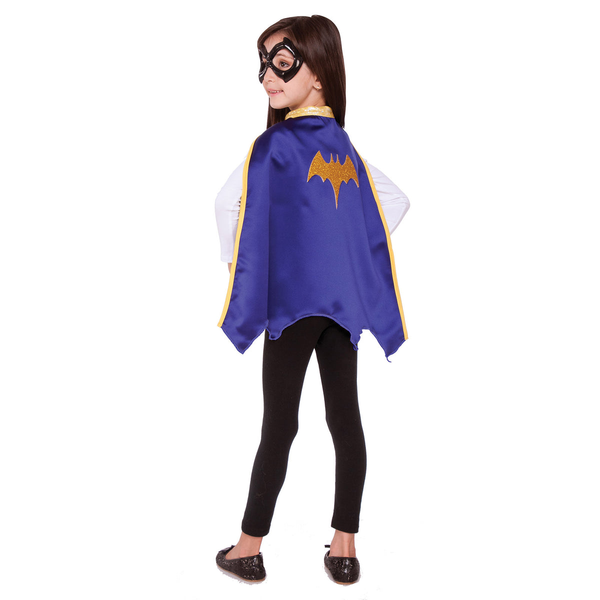 Back view of a girl wearing the blue Batgirl cape with gold bat emblem and black mask