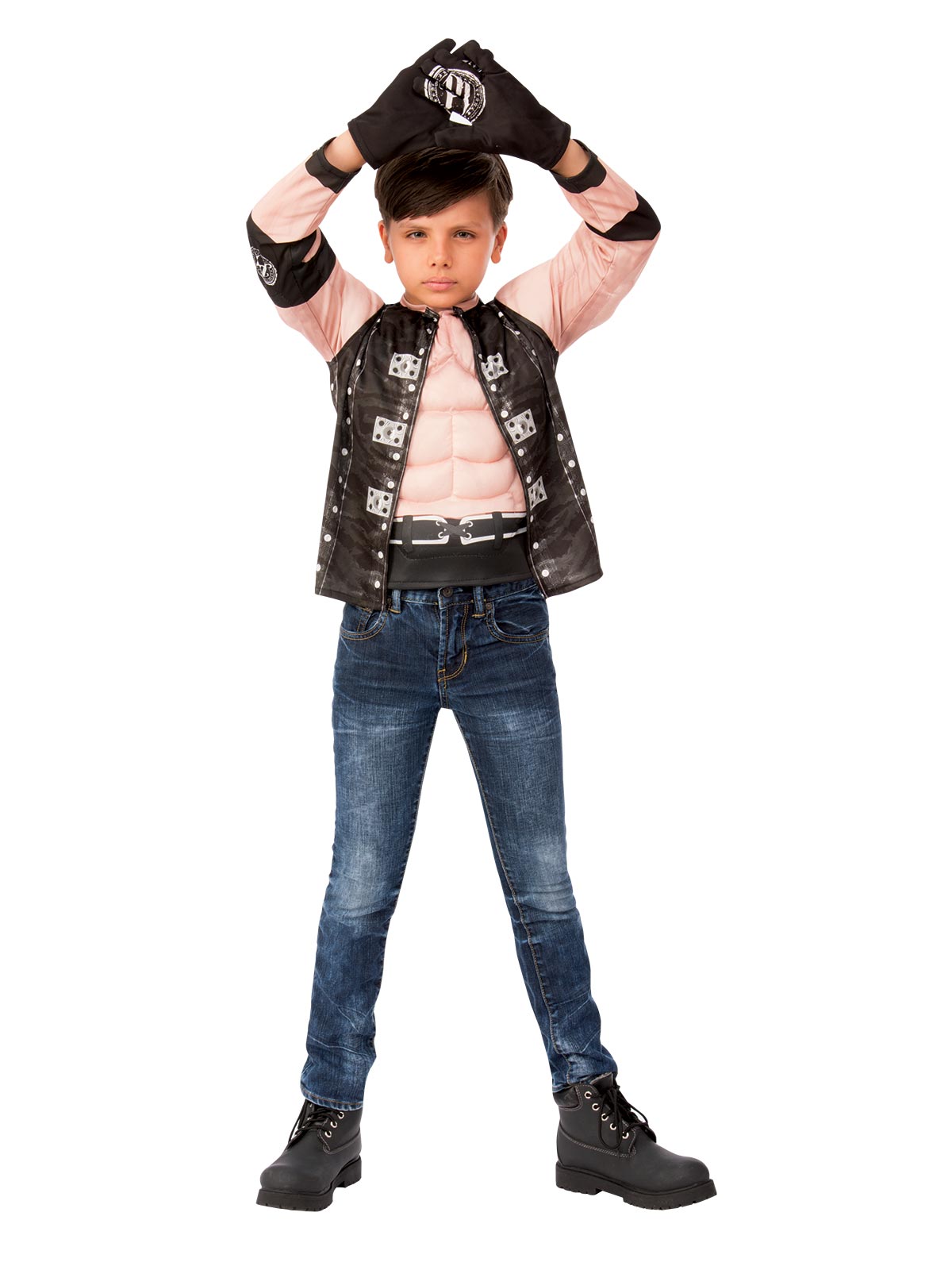 Boy in WWE AJ Styles black muscle-chest costume top with printed belt and black logo gloves
