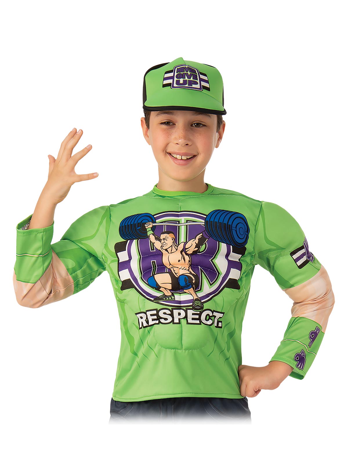 Boy in the WWE John Cena green muscle chest top with printed emblem and matching green cap