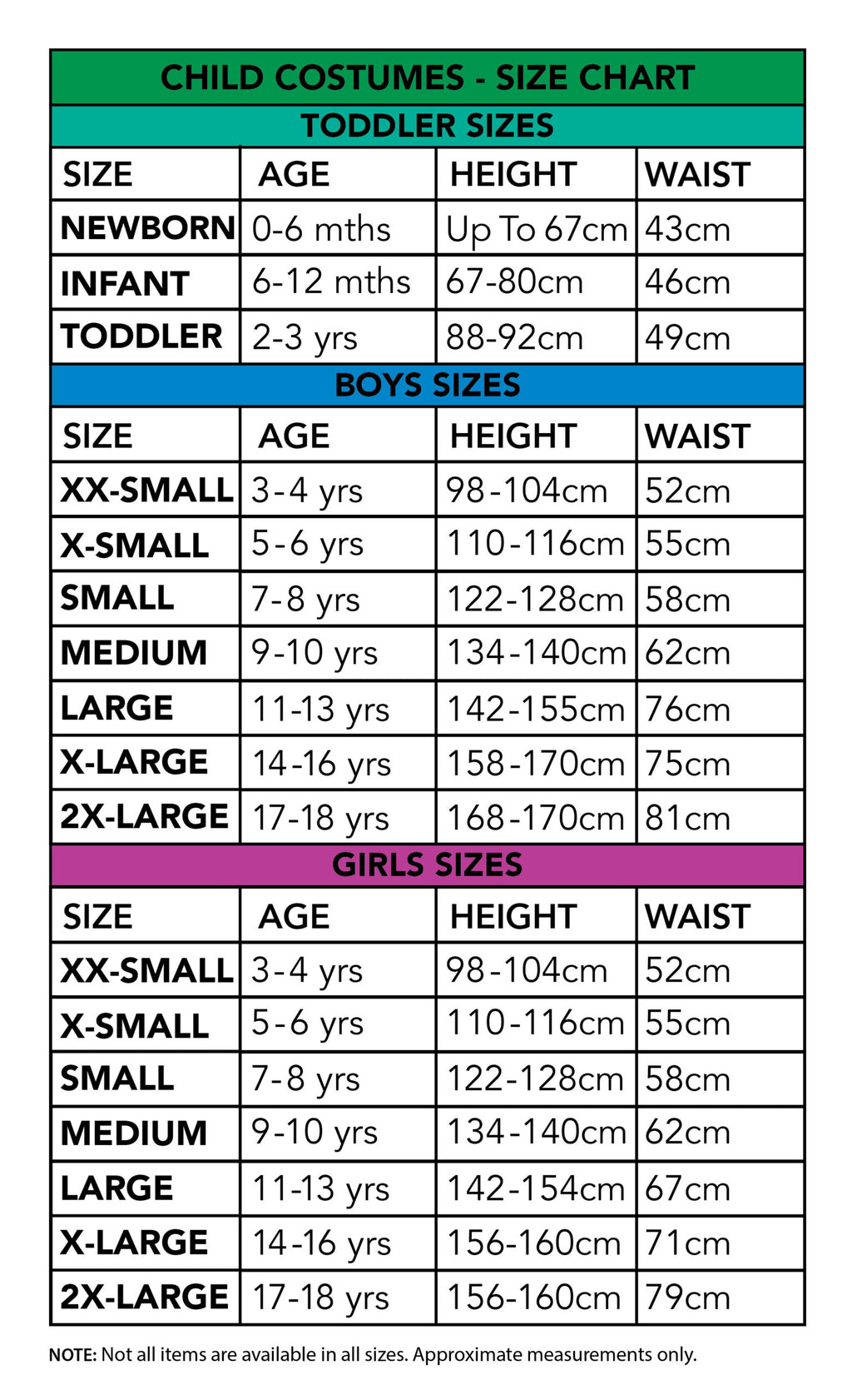 Size chart for the Zombie Rotter Federer Costume, Child