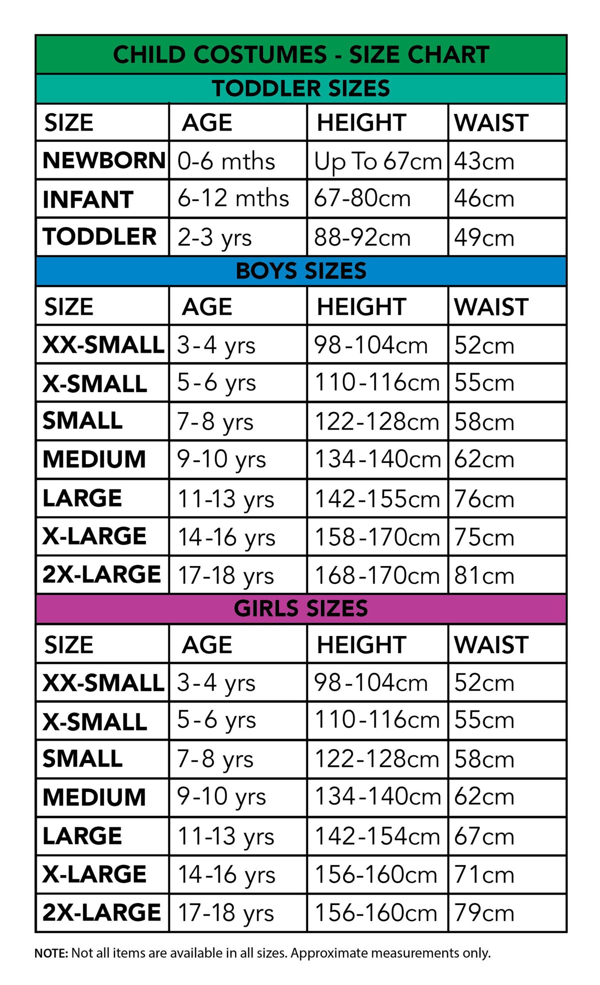 Size chart for the K-Pop Zoey Golden Deluxe Costume, Child