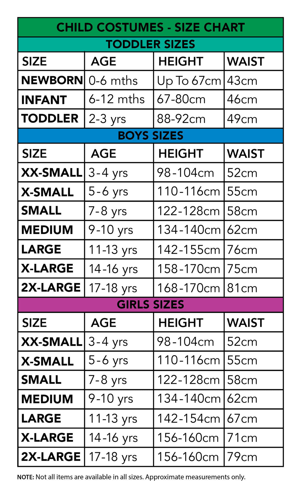 Size chart for the Stitch Costume, Child