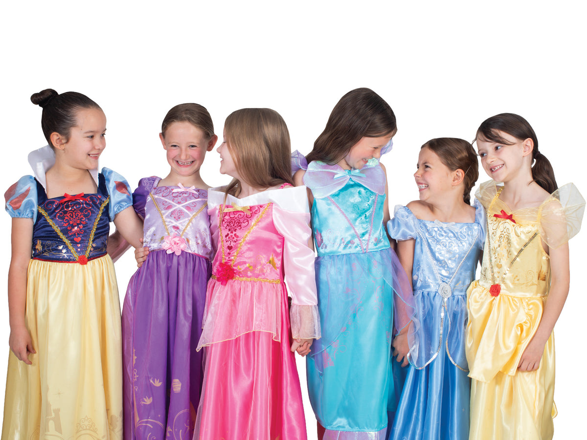 Group of girls in Storyteller princess dresses in different colours, each dress sold separately