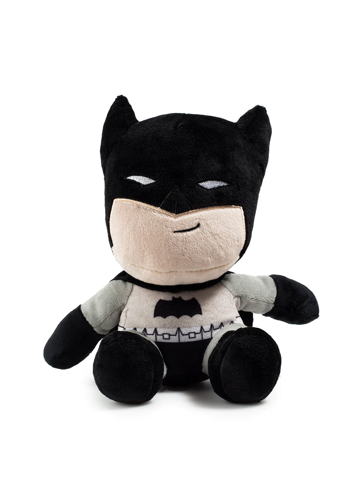 Seated 20cm Batman plush with black cowl and grey suit