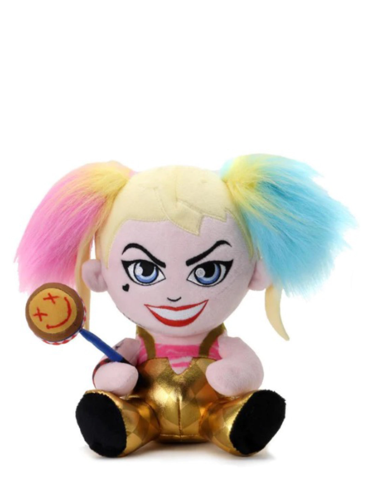 Seated Harley Quinn plush with pink and blue pigtails and gold outfit