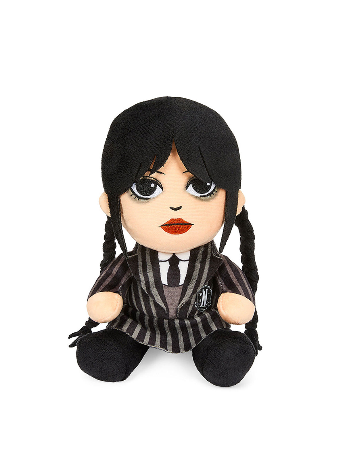 Seated Wednesday plush in a striped Nevermore uniform