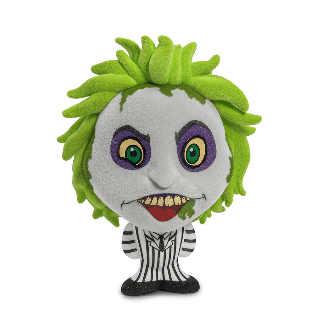 Beetlejuice vinyl figure with wild green hair, pale face and black and white striped suit
