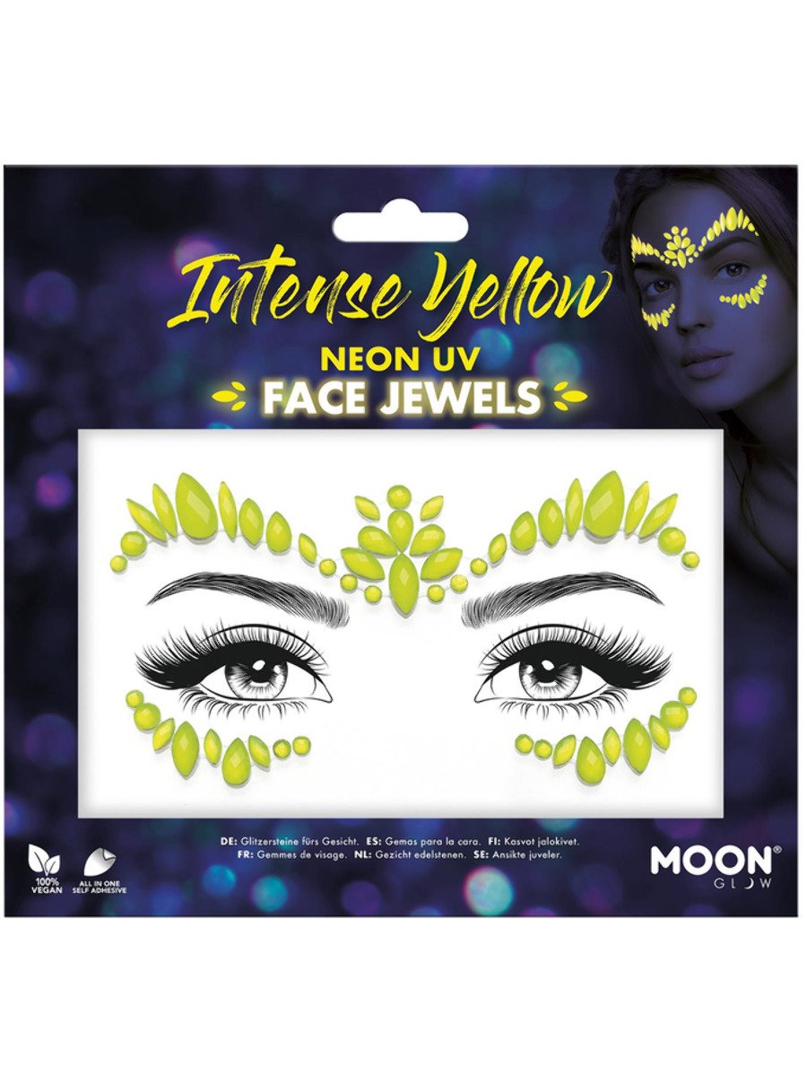 Neon yellow UV glow face jewels in their packaging