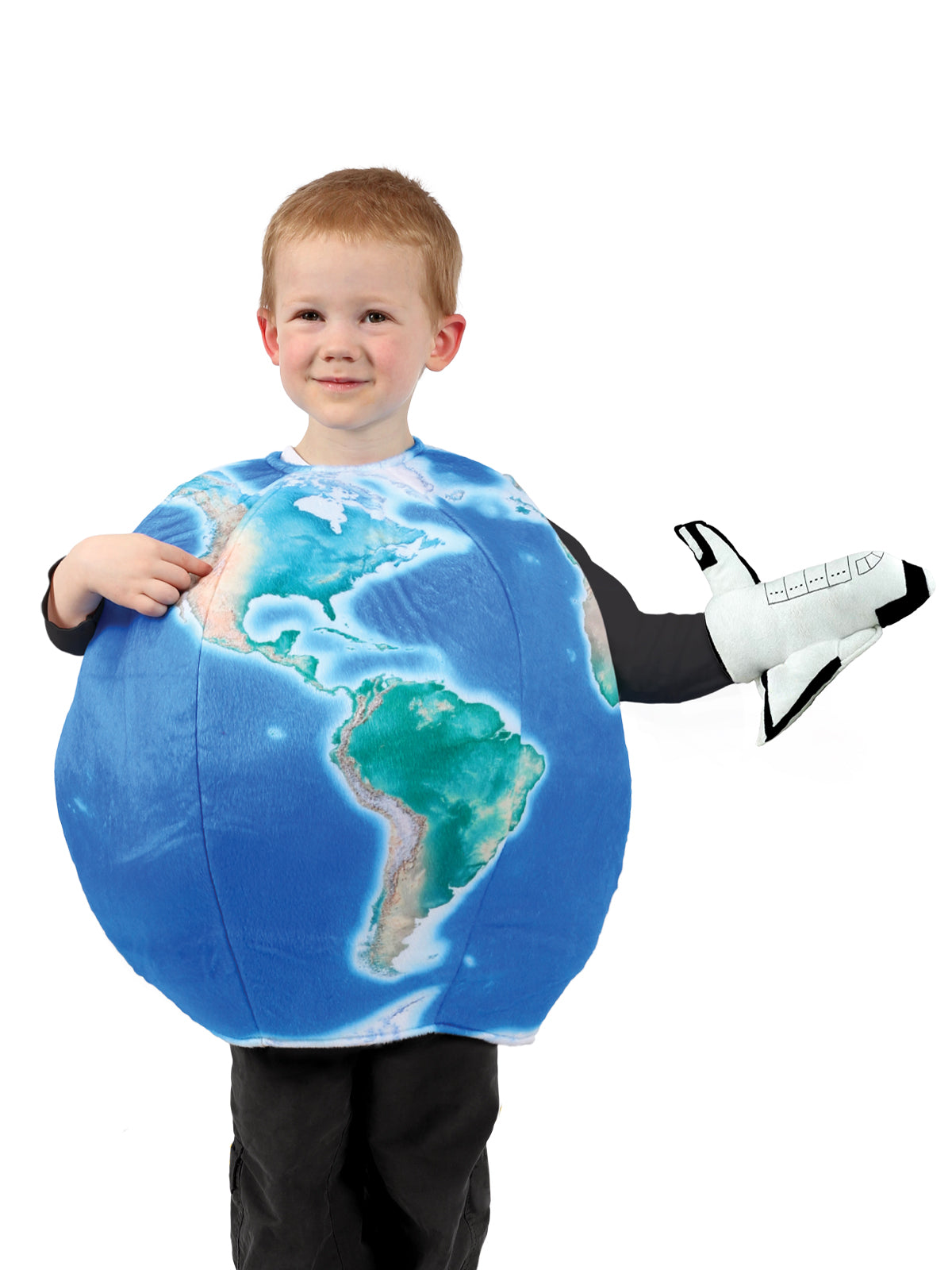 Child in padded earth globe costume holding a plush plane puppet