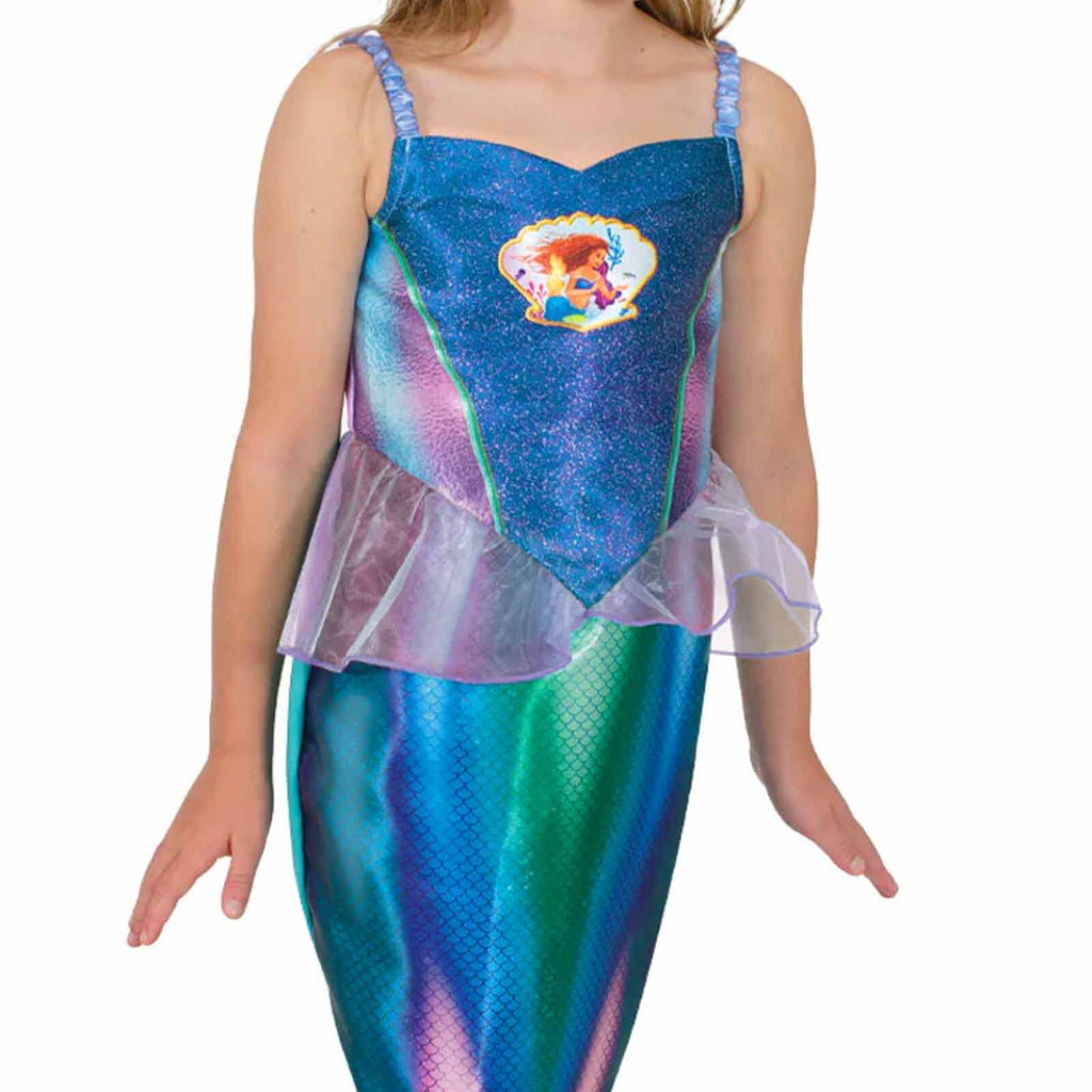 Close-up of the live action Ariel dress bodice with shell emblem and sheer iridescent frill