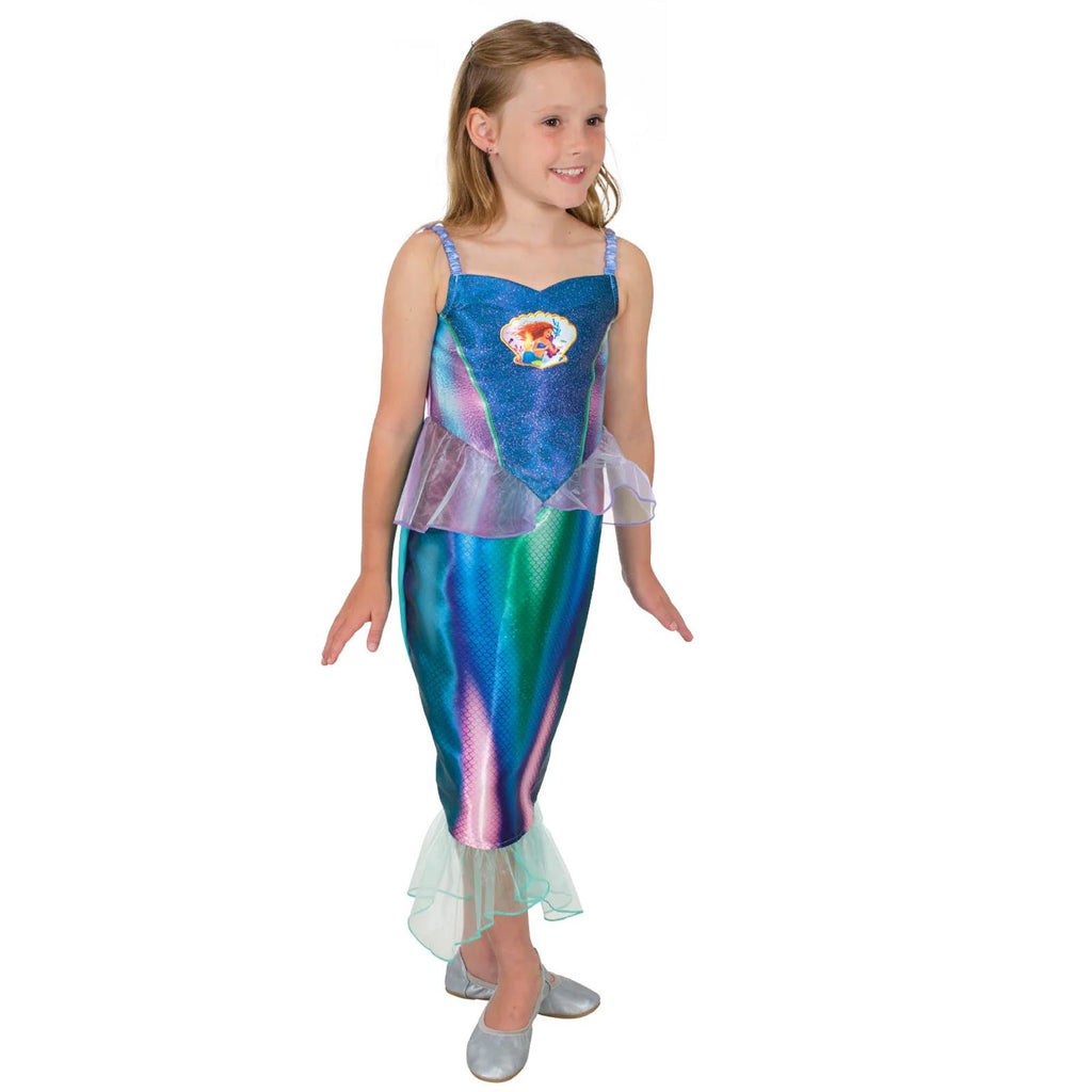 Girl in live action Ariel dress with blue shimmer bodice, rainbow-sheen skirt and organza fin frill