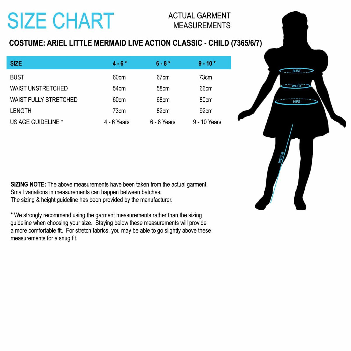 Size chart for the Ariel The Little Mermaid Live Action Classic Costume, Child