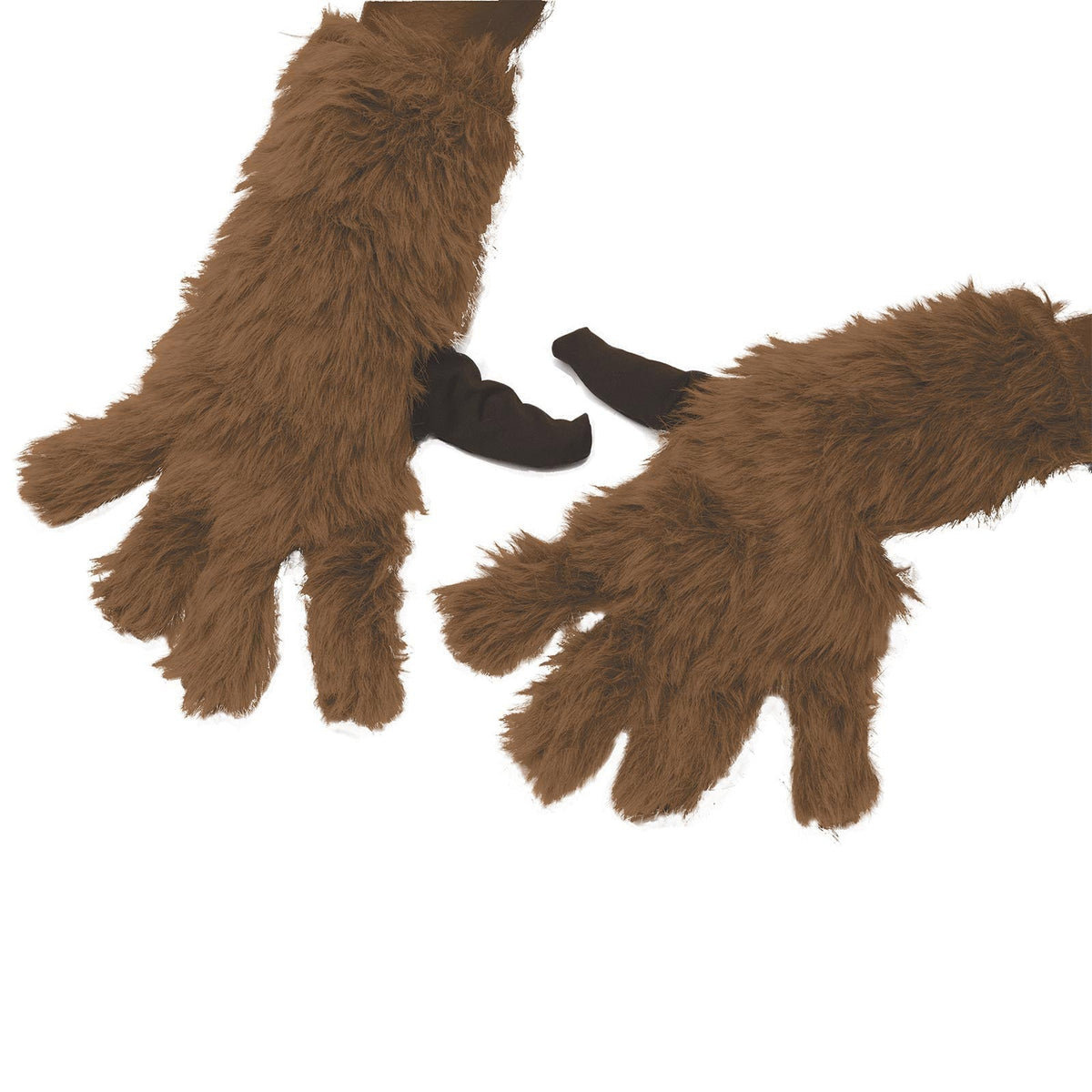 Pair of brown furry Rocket Raccoon gloves with dark thumbs