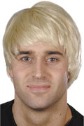 Man wearing a short blonde wig with a side-swept fringe