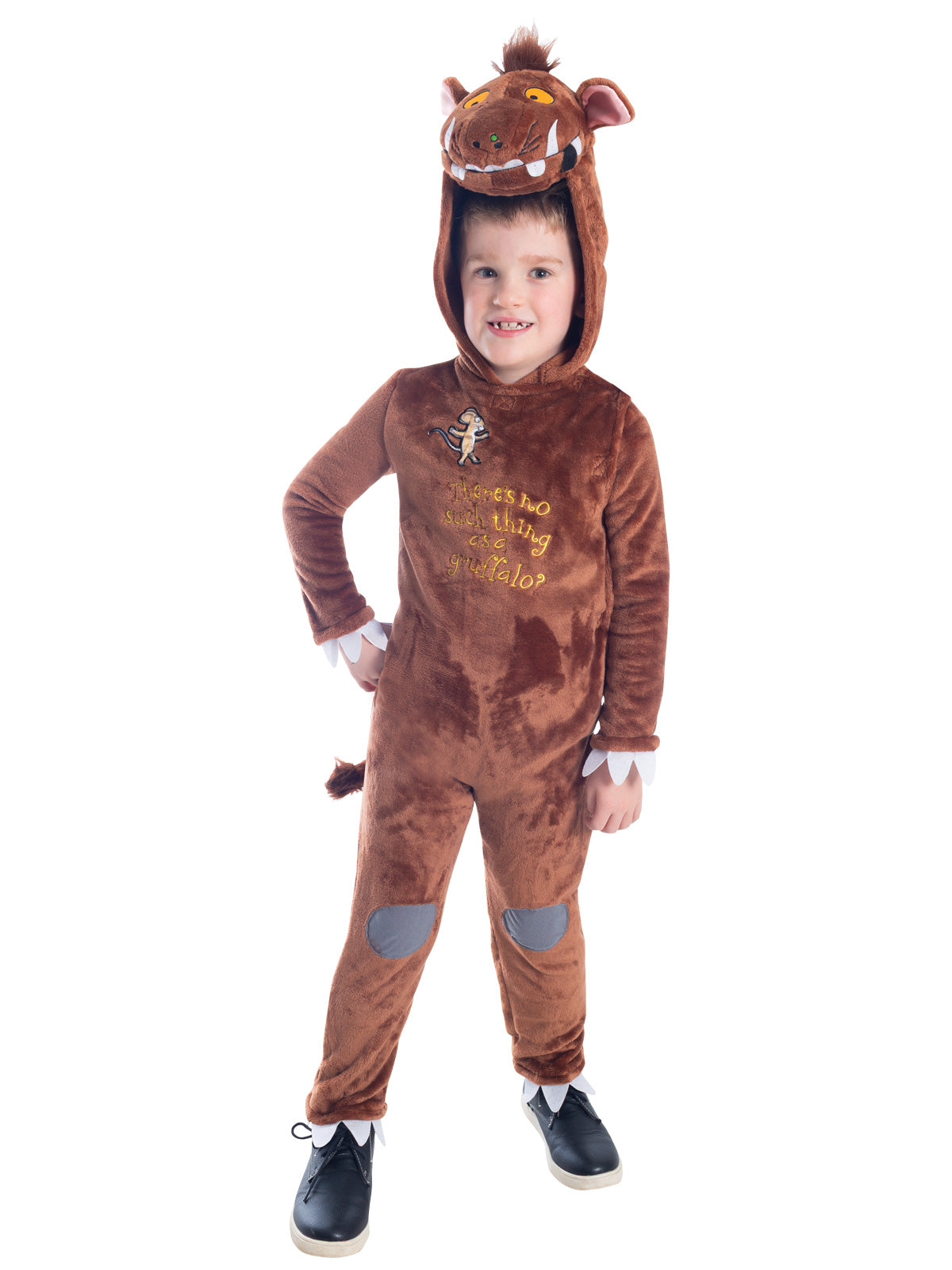 Boy in the brown Gruffalo onesie with embroidered chest stitching and purple knee patches