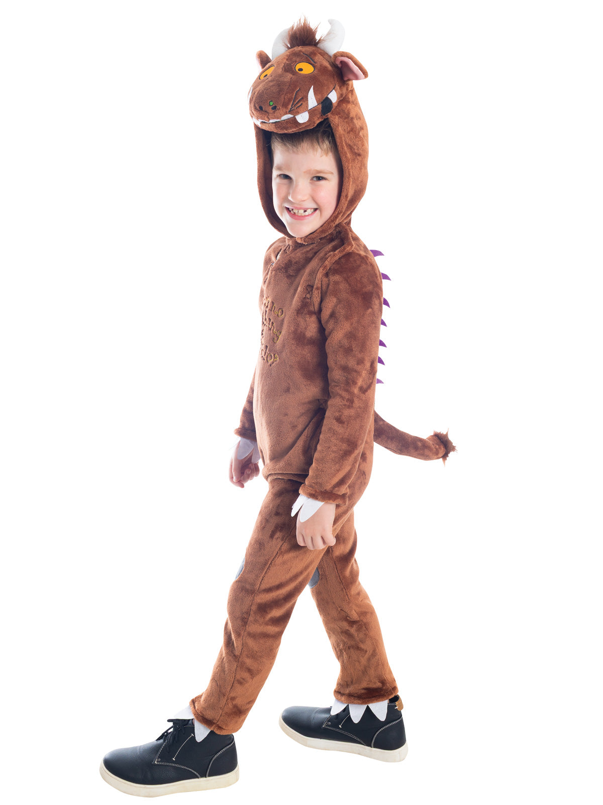Side view of the Gruffalo onesie with purple spines along the back and a fluffy tail