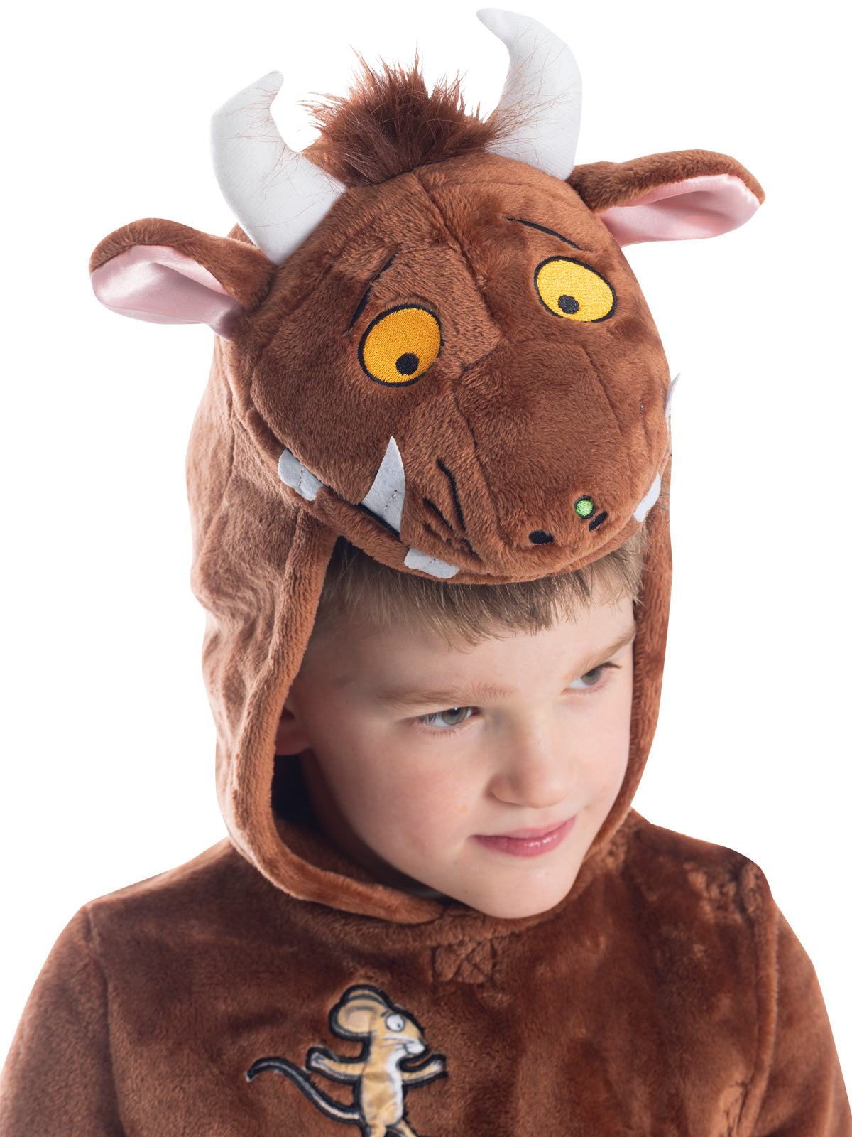 Close-up of the Gruffalo headpiece with horns, orange eyes and a toothy grin