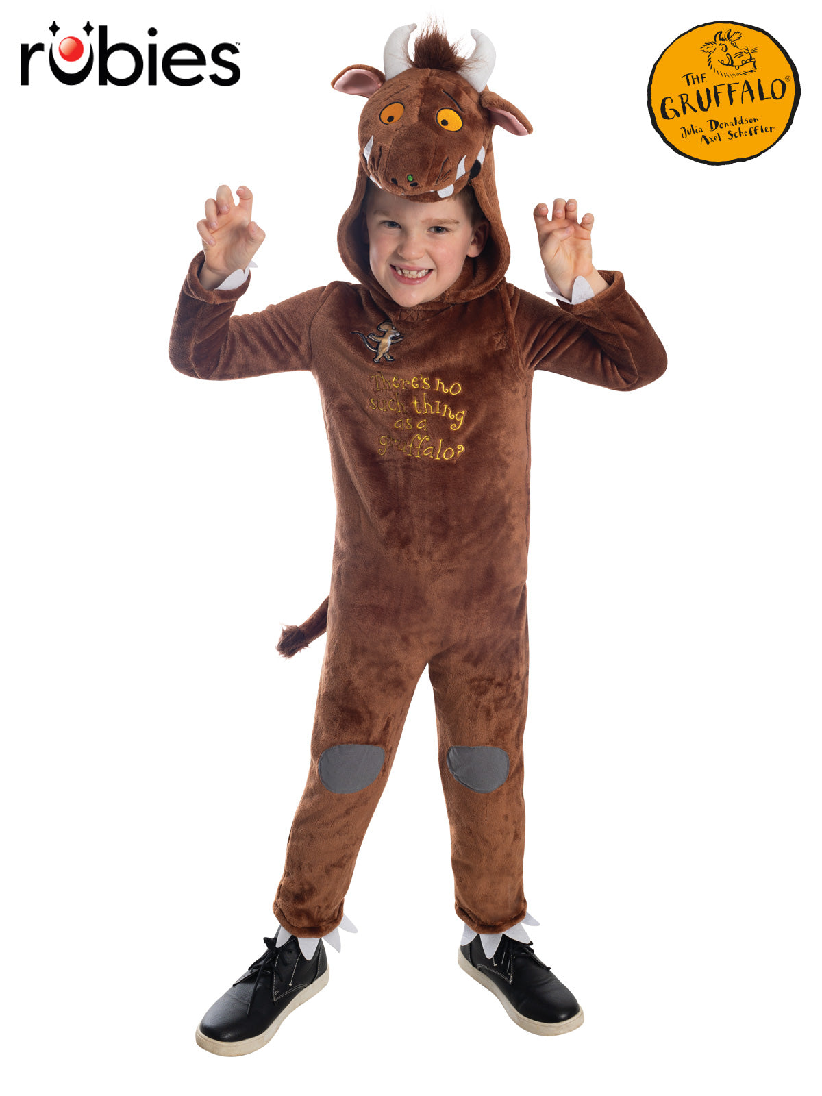 Boy in The Gruffalo furry brown onesie with a Gruffalo face hood, horns and orange eyes
