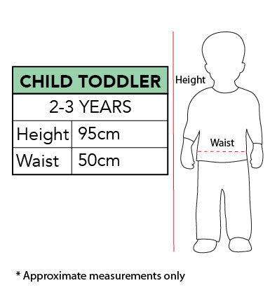 Size chart for the Sally Finkelstein Deluxe Costume, Toddler