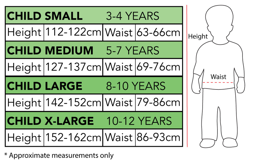 Size chart for the Elf Deluxe Girl Costume, Child
