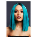 Woman wearing a sleek shoulder-length teal wig with dark roots