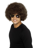Man wearing a big brown 70s afro wig