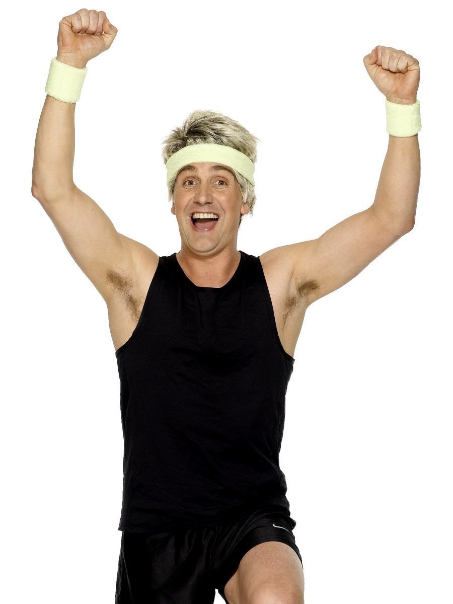 Man wearing a neon yellow sweatband headband and matching wristbands
