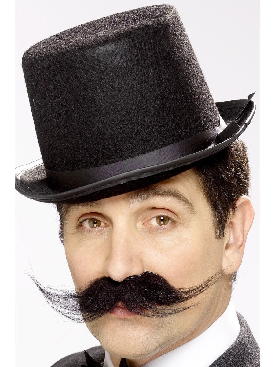 Man in a top hat wearing a black investigator moustache with long curled ends