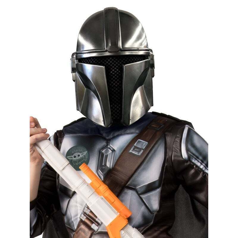 Close-up of the Mandalorian Deluxe silver half-face mask and padded armour with bandolier